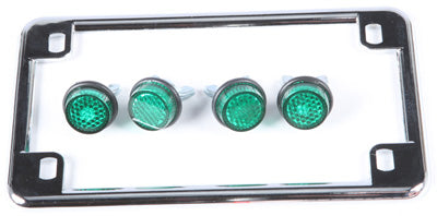 CHRIS PRODUCTS LICENSE PLATE FRAME W/4 GREEN REFLECTORS (CHROME) 604