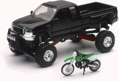 NEW-RAY BLACK FORD F-350 4X4 WITH KAWASAKI DIRT BIKE SS-54436