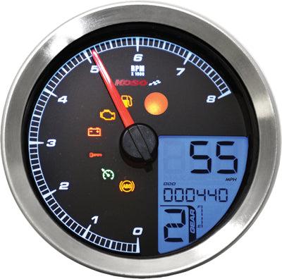 KOSO LCD COLOR CHANGE SPEEDO & TACHOMETER SILVER BEZEL BA051201