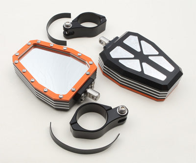 MODQUAD BILLET SIDE MIRRORS DIAMOND W/BEZEL ORANGE 1.75" PART# R-SIDE-BEZ-OR