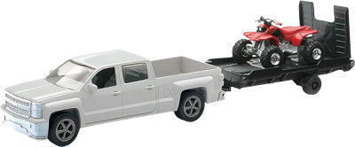 NEW-RAY DIE-CAST REPLICA CHEVY WHT TRK W/ TRLR RED ATV 19535B